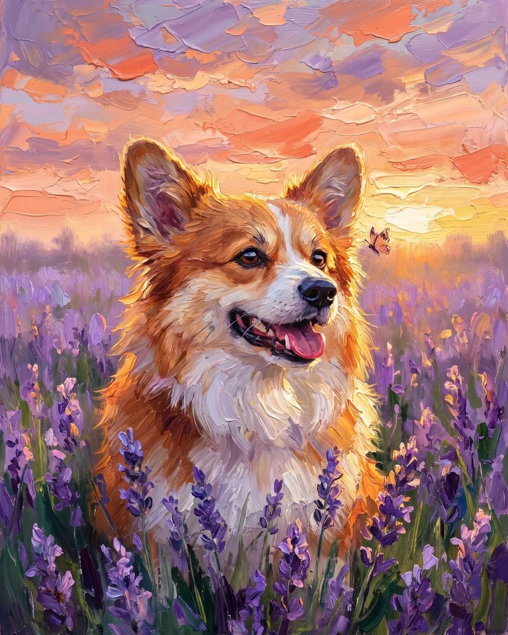 Lavender Field portrait of a corgi in thick oil paint, backlit by a low sun above a field of flowering lavender