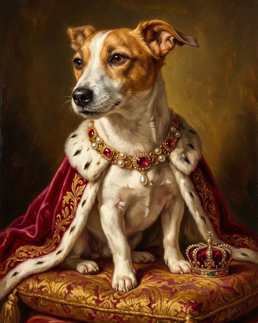 Renaissance Royal portrait of a Jack Russell terrier in a ruby collar and ermine cape, a crown beside it, at a size that suits a hallway