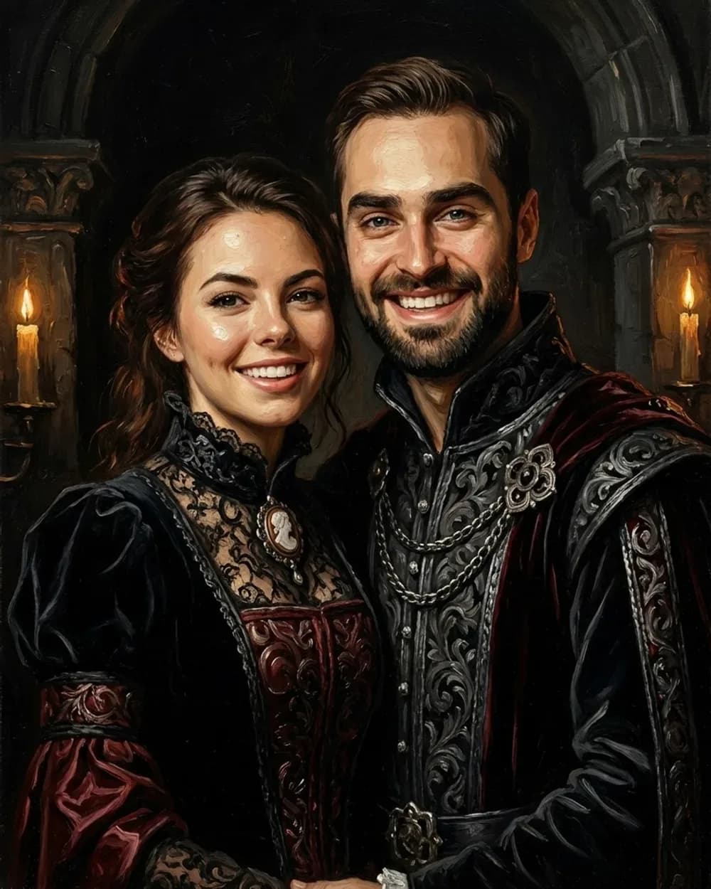 Gothic Noble couple portrait of a smiling pair in black velvet and lace by candlelight