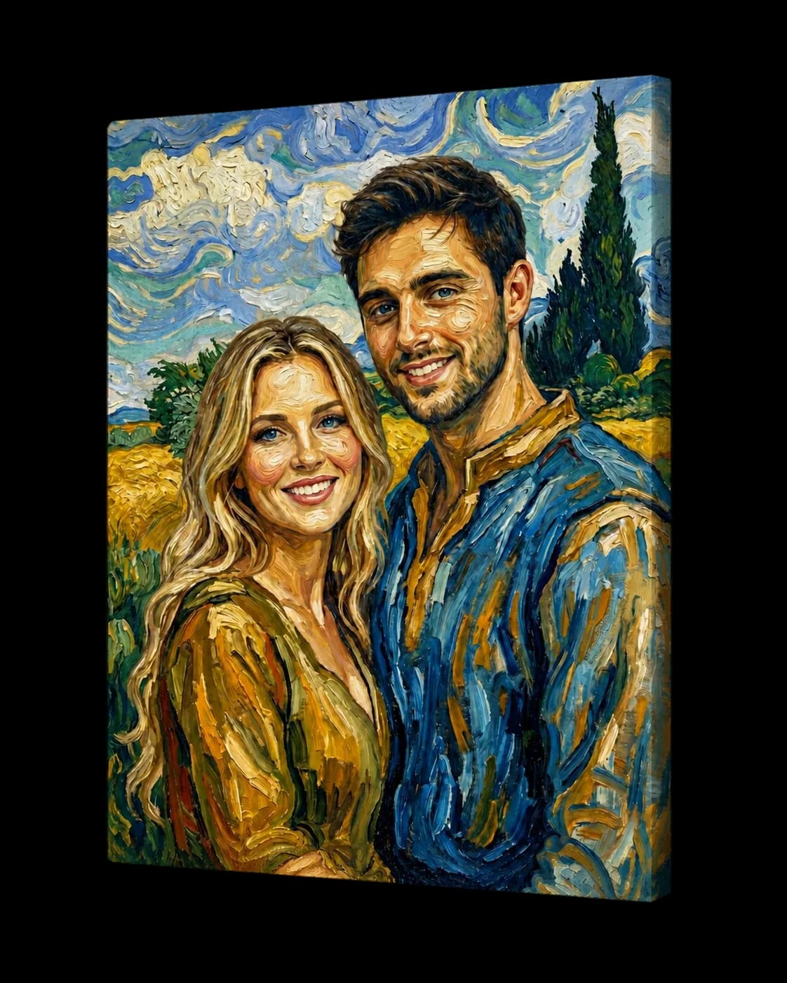 Gallery-wrapped canvas of a couple painted in the Van Gogh style, seen from the side to show the wrapped edge