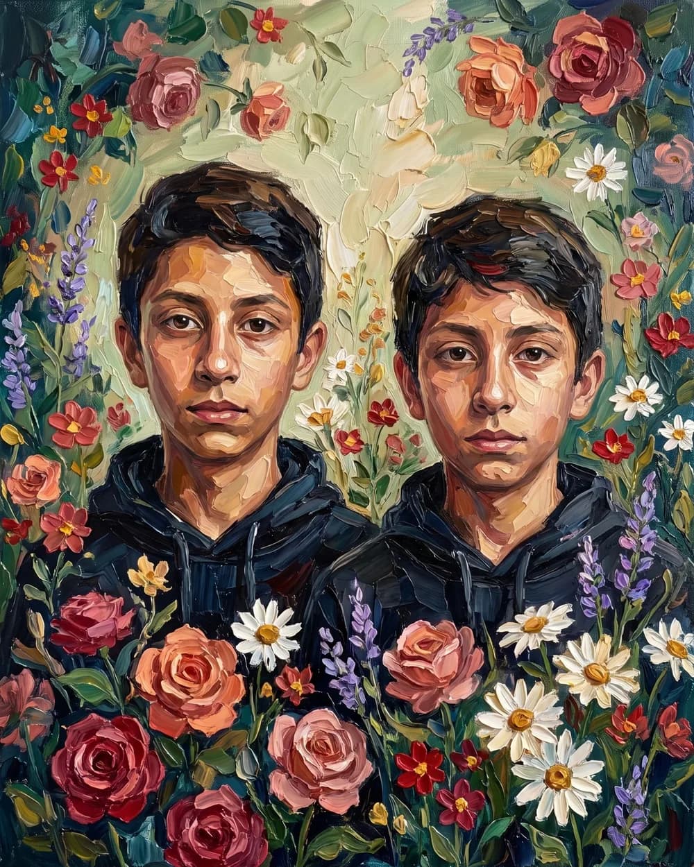 Floral Garden portrait of two boys in dark hoodies, painted in thick oil strokes among roses, daisies and lavender
