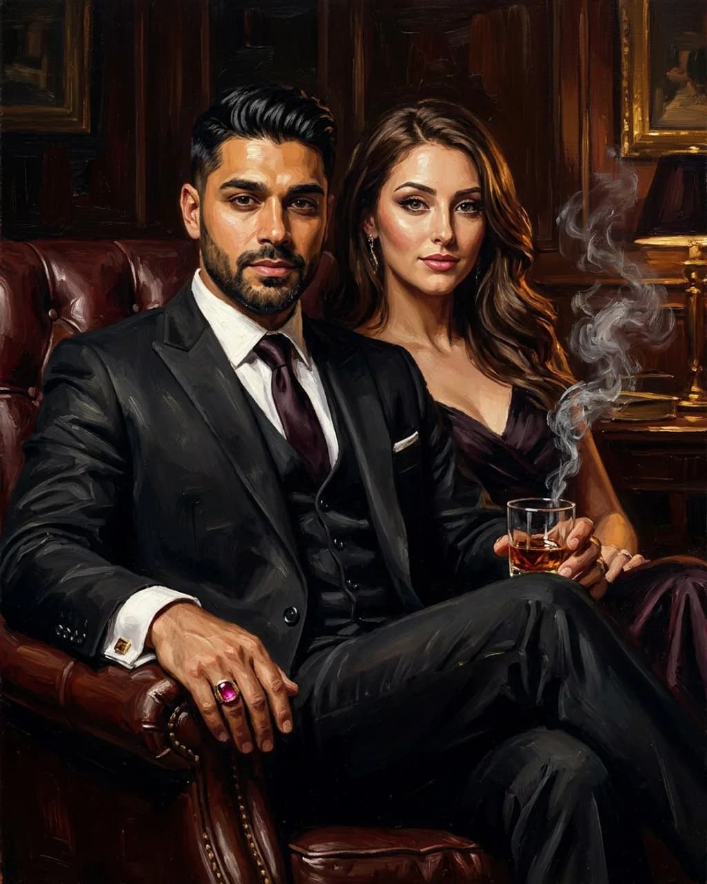 Mafia Boss couple portrait of a man and a woman seated together in a dark study with cigar smoke curling upward