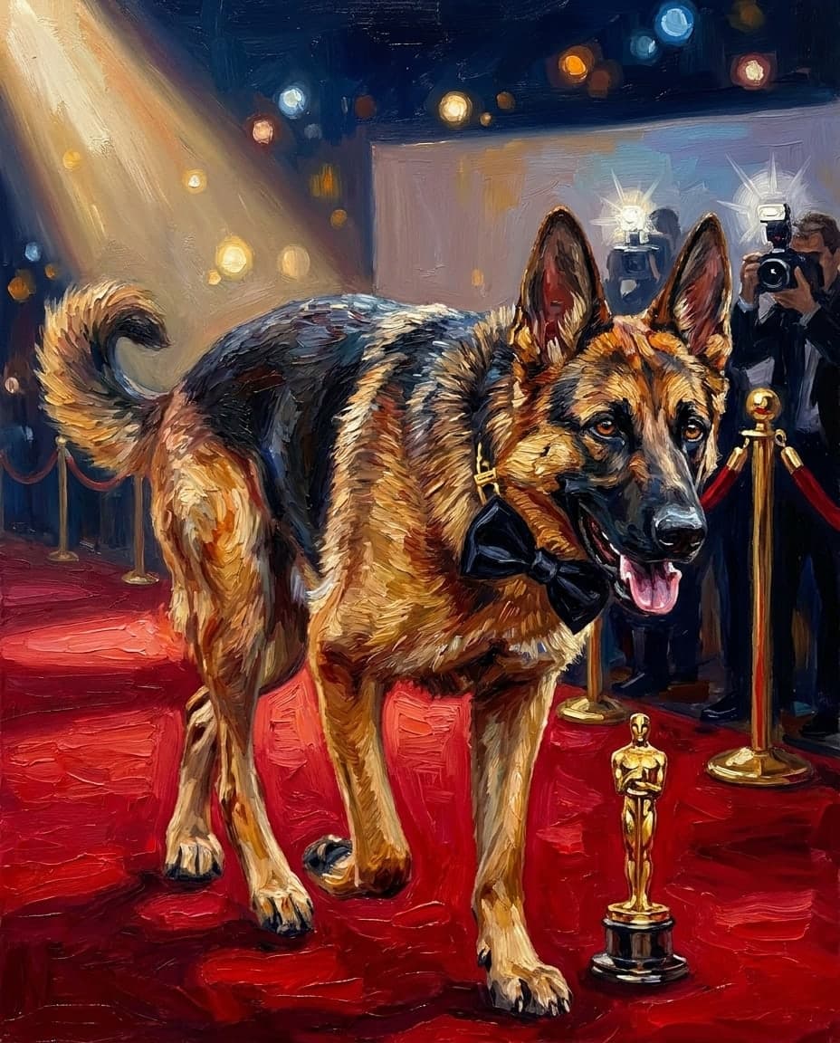 Hollywood Premiere portrait of a German shepherd in a bow tie on a red carpet beside a gold statuette