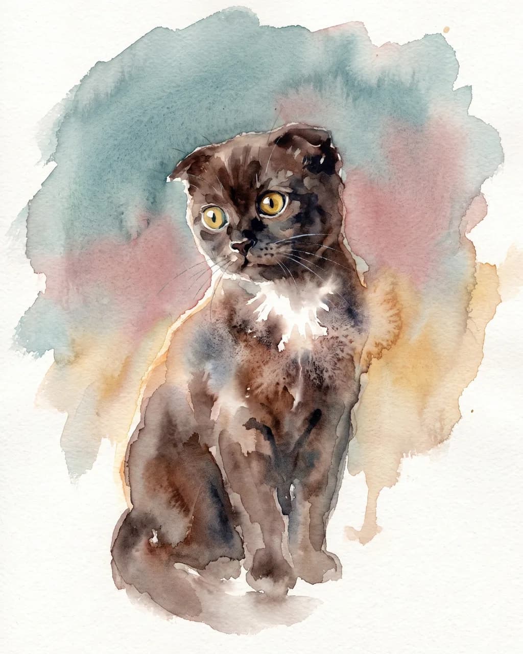 Watercolor portrait of a brown Scottish Fold cat in soft washes on cotton paper, a quiet gift for a cat lover