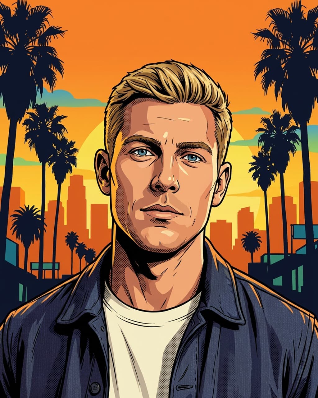 GTA Style cover-art portrait of a blond man in a dark jacket against palm trees and an orange sky