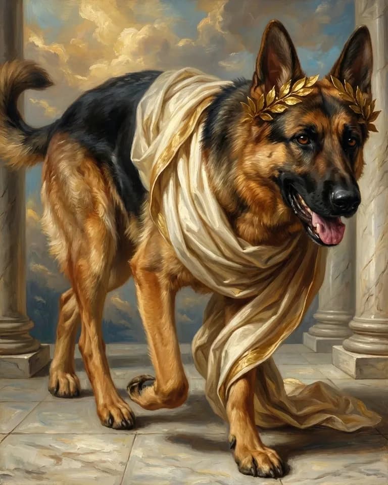 Greek God portrait of a German shepherd in a gold laurel wreath and white drapery on a marble floor