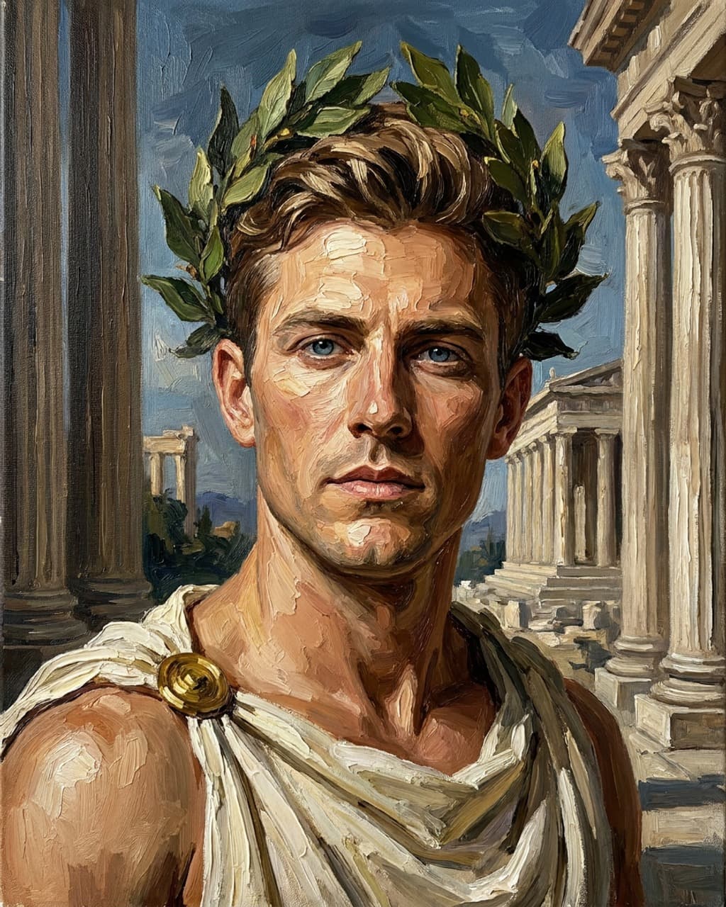 Greek God portrait of a man in a laurel wreath and stone-coloured chiton in front of a Doric temple