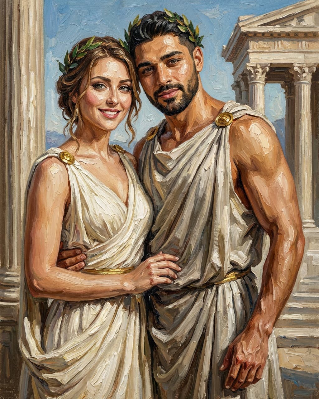 Greek God portrait of a couple in ivory chitons and laurel wreaths beside a temple