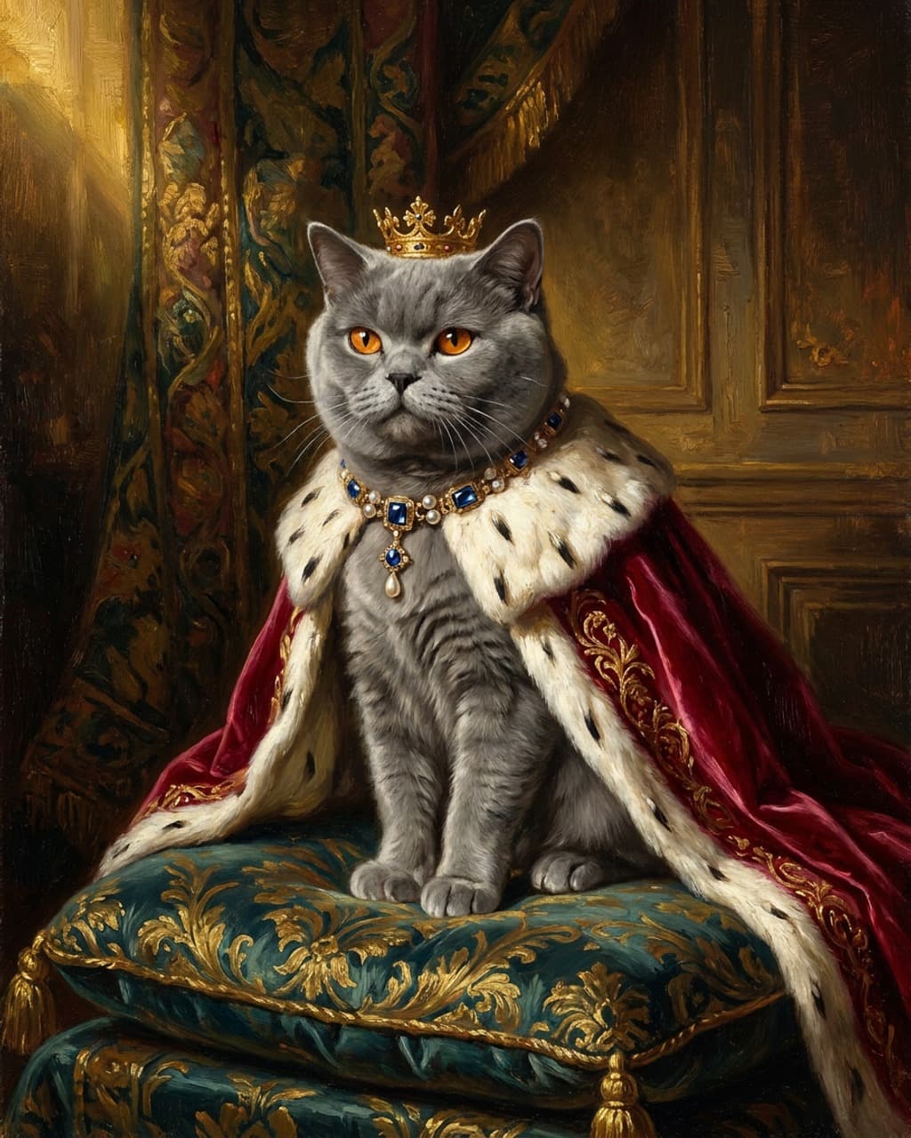 Renaissance Royal cat portrait of a grey British shorthair in a small crown and ermine-trimmed red cape on a brocade cushion