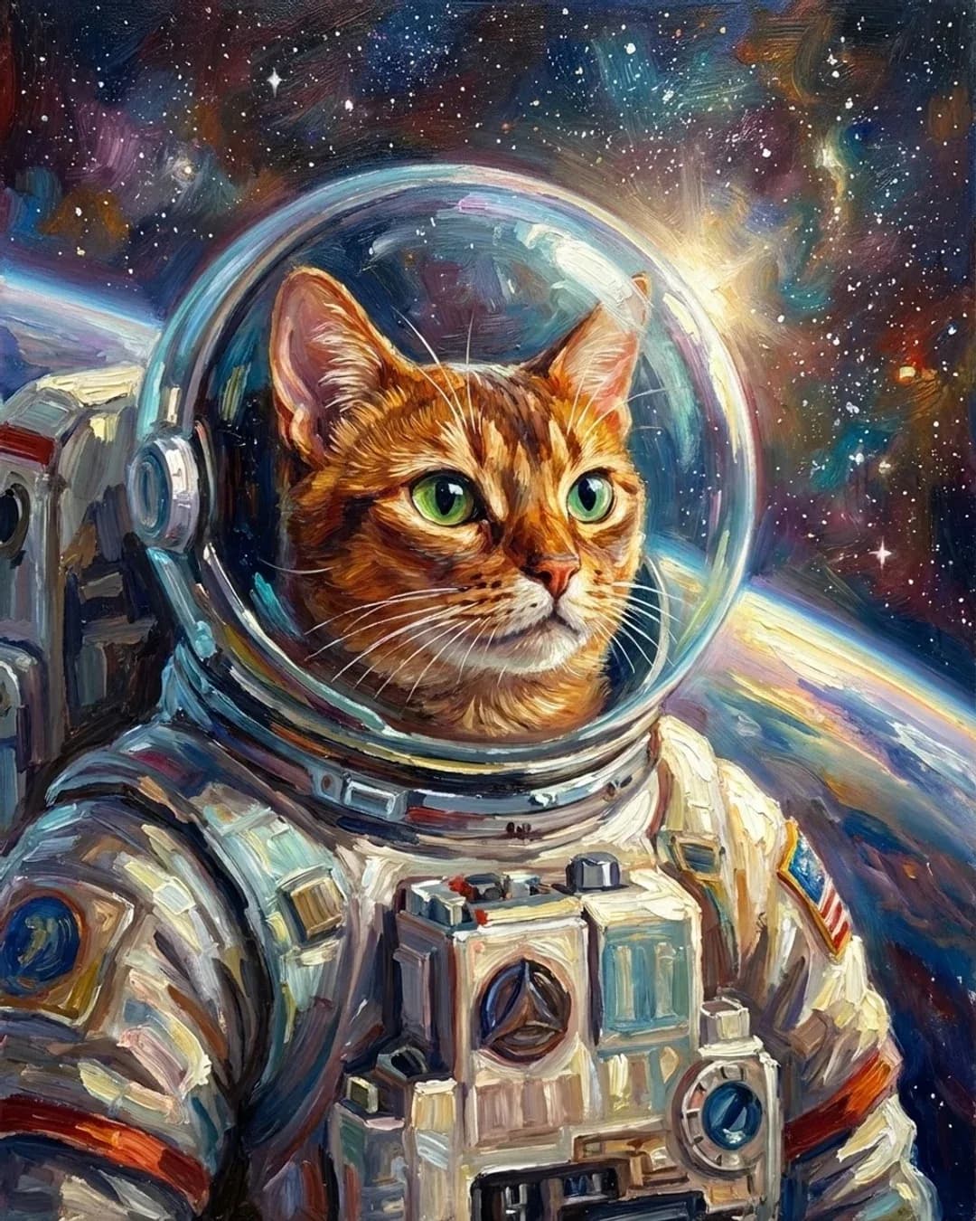 Astronaut Explorer cat portrait of a ginger cat inside a clear helmet, with Earth and a nebula behind
