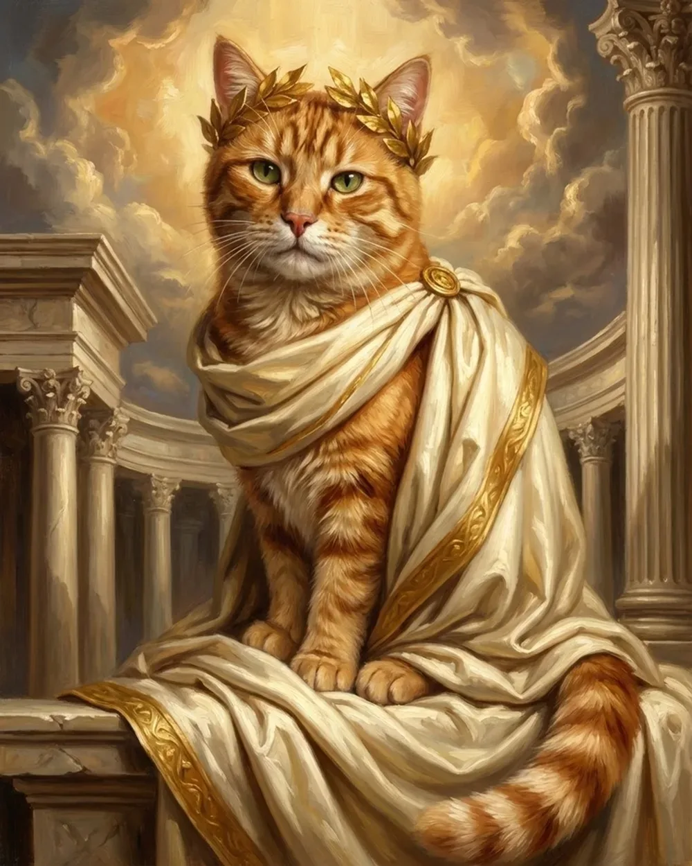 Greek God cat portrait of a ginger tabby in a gold laurel wreath and ivory toga, seated between marble columns
