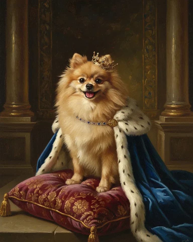 Renaissance Royal portrait of a Pomeranian in a crown and ermine cape, a Christmas gift for dog-obsessed parents
