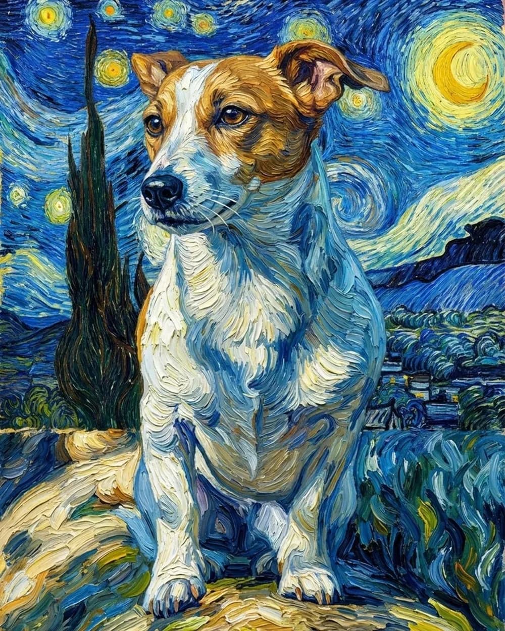 Van Gogh Style portrait of a Jack Russell terrier in blue and yellow brushwork under a crescent moon