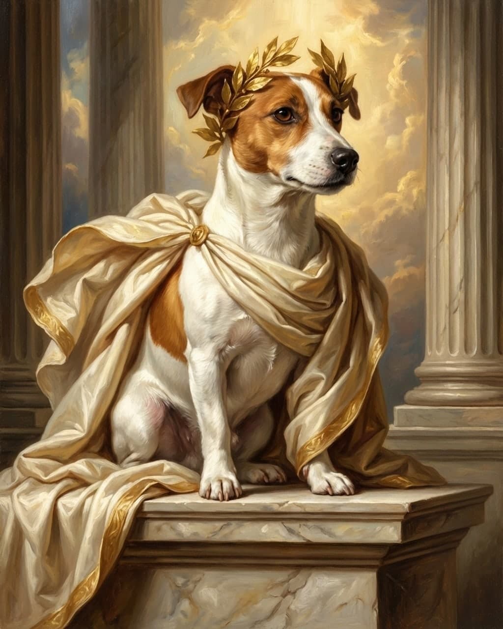 Greek God portrait of a Jack Russell terrier in a laurel wreath and ivory drapery seated on a marble plinth