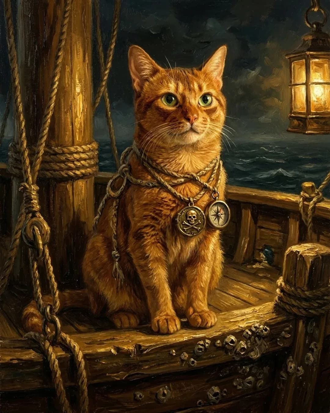 Oil-painting portrait of a ginger cat on a ship's deck with a lantern and a skull medallion, an older studio sample