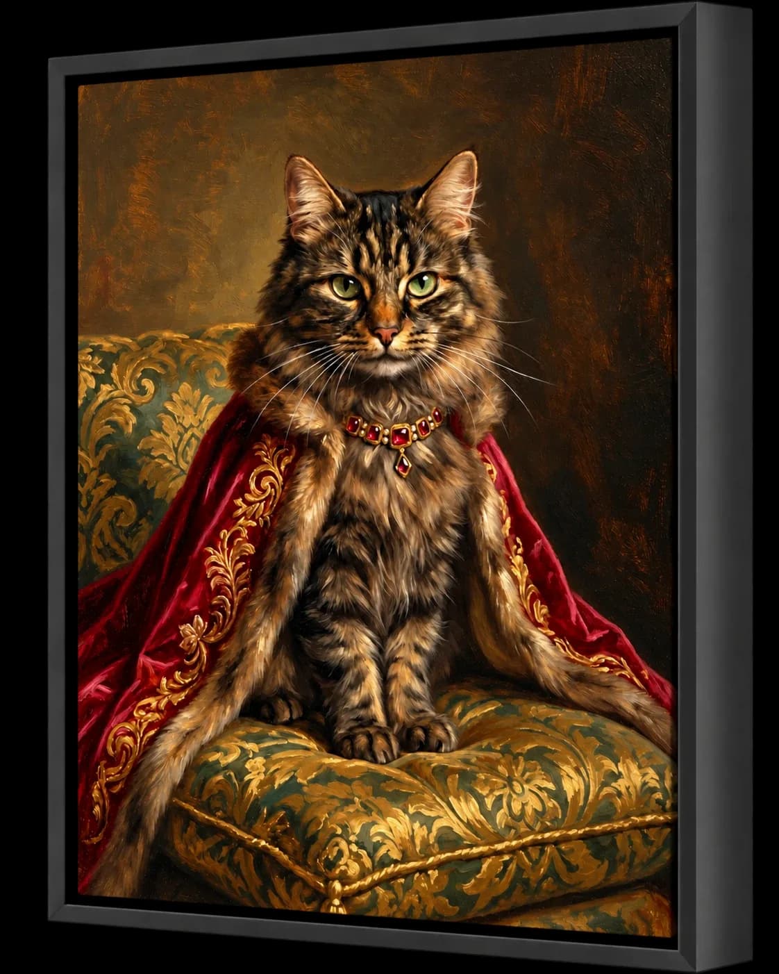Framed canvas of a tabby cat painted in the Renaissance Royal style, red velvet cape and jewelled collar, in a black wooden frame