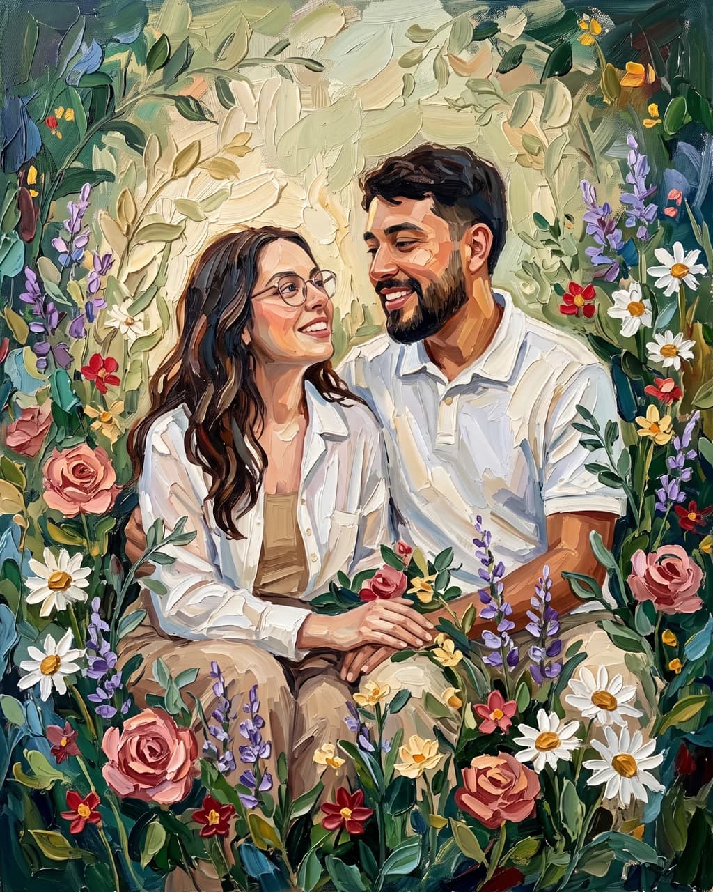 Floral Garden portrait of a smiling couple sitting among roses and white daisies, a Valentine's Day portrait gift