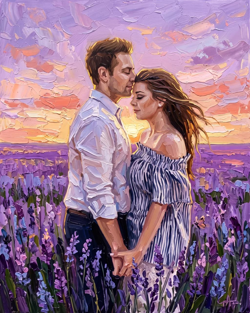 Lavender Field portrait of a couple holding hands in a field of purple lavender at sunset, a Valentine's Day gift painted from one photo