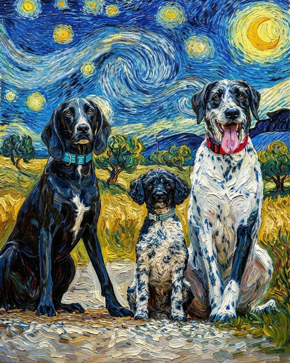 Van Gogh style portrait of multiple pets