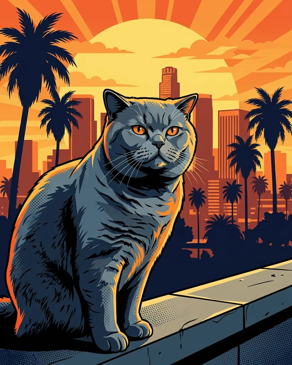 GTA Style portrait of a grey cat on a wall at sunset, drawn in bold ink outlines with palm trees and a skyline behind