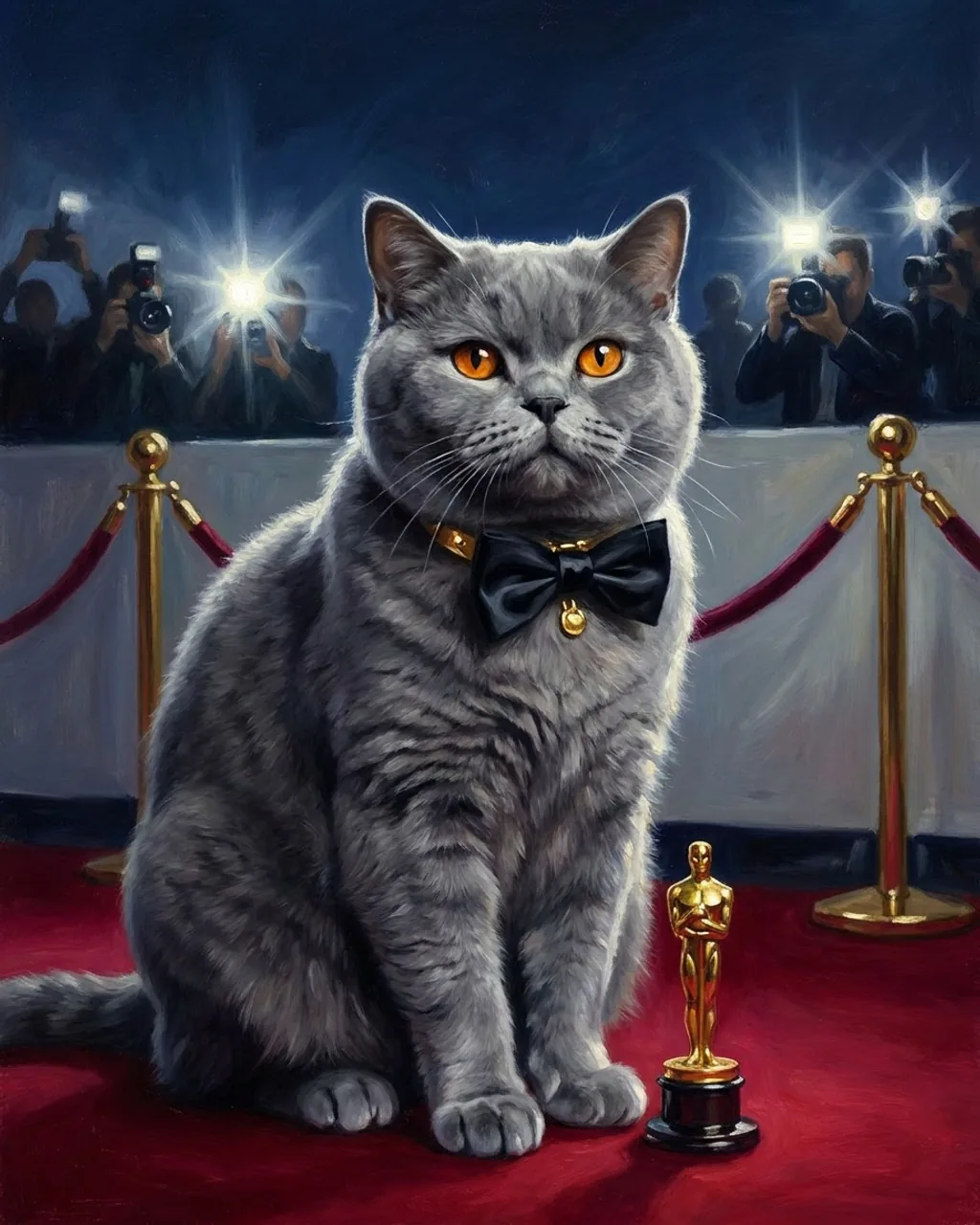 Hollywood Premiere portrait of a grey British shorthair cat in a bow tie on a red carpet, photographers' flashes behind, a gift for a cat lover