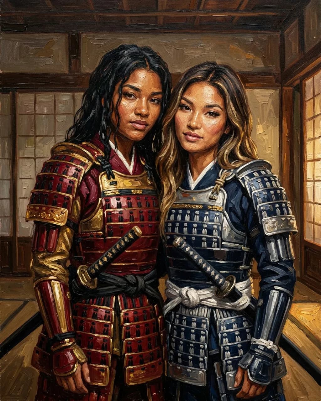Two women in red and dark blue lacquered samurai armour stand shoulder to shoulder in a wooden room, swords at their belts, painted in thick oils.